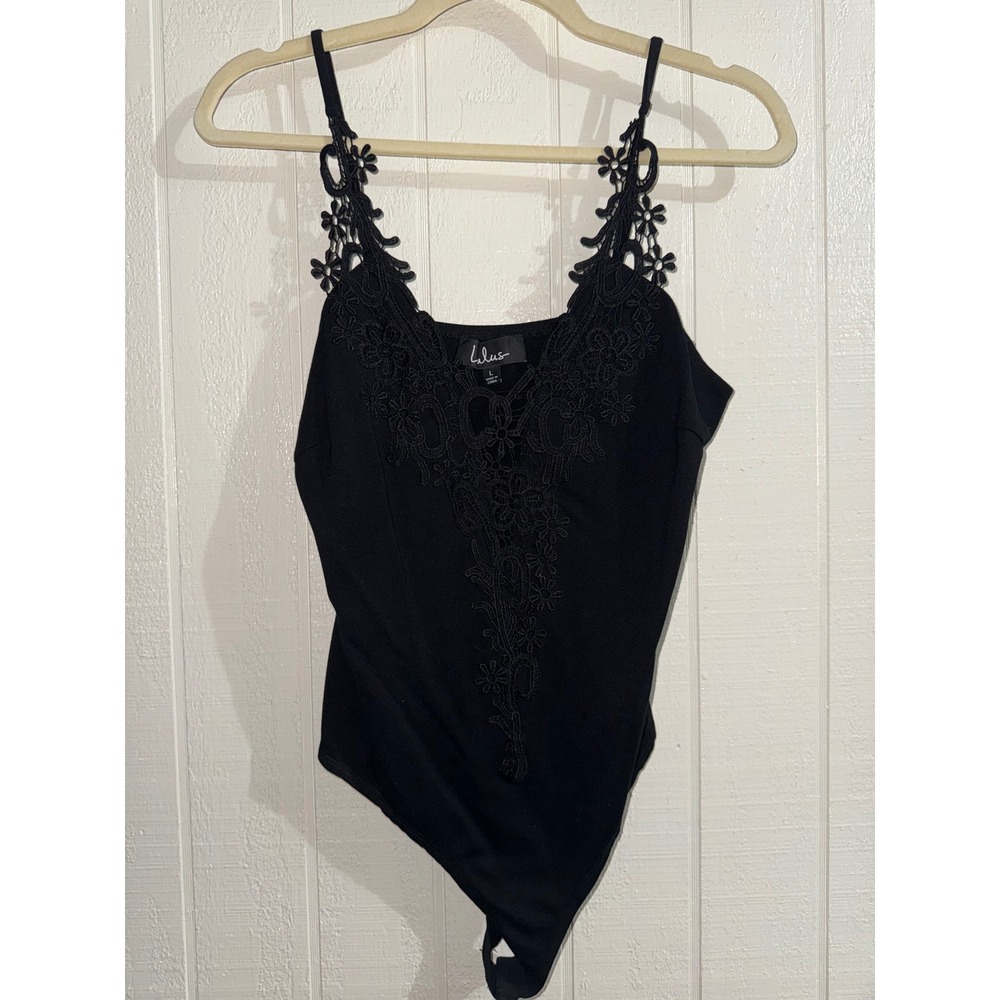 Lulus Black Floral Crochet Lace V-Neck Bodysuit Sleeveless Snap Closure Large
